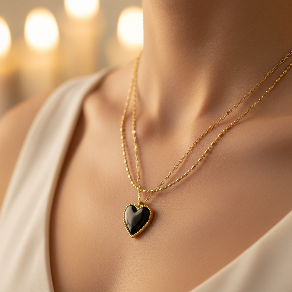 Macro close-up of onyx black heart pendant on gold layered chain at collarbone