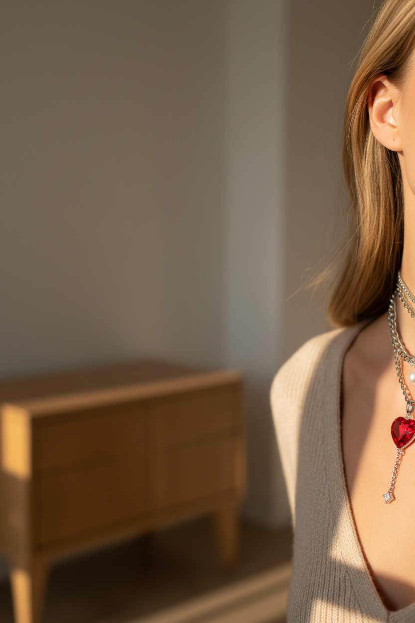 Woman wearing red heart layered choker necklace at collarbone lifestyle shot