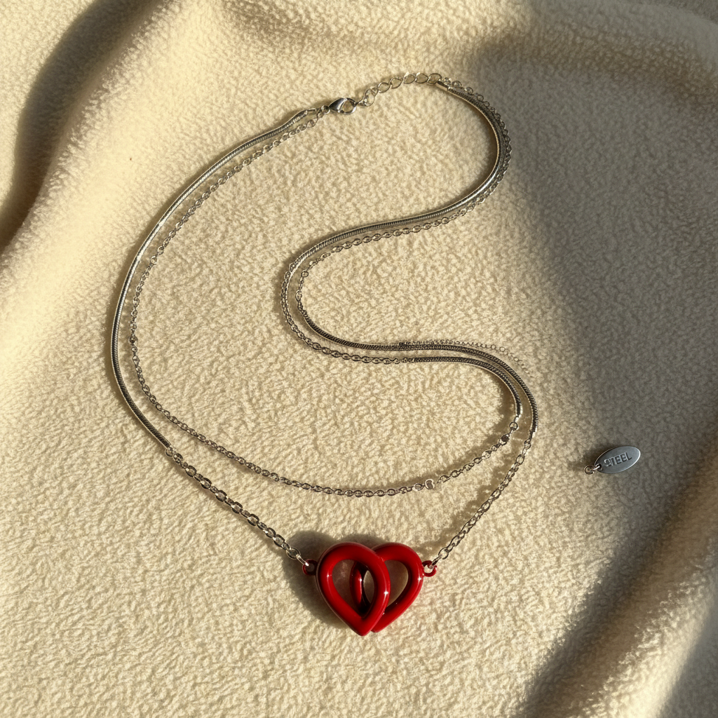 Flat lay of red double heart layered choker necklace on cream surface