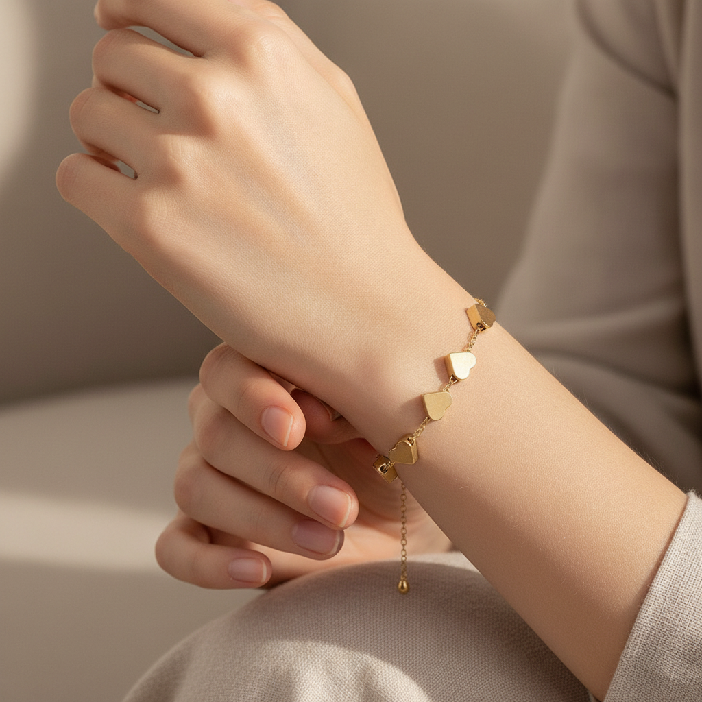 Gold heart geometric bracelet worn on wrist, lifestyle editorial shot