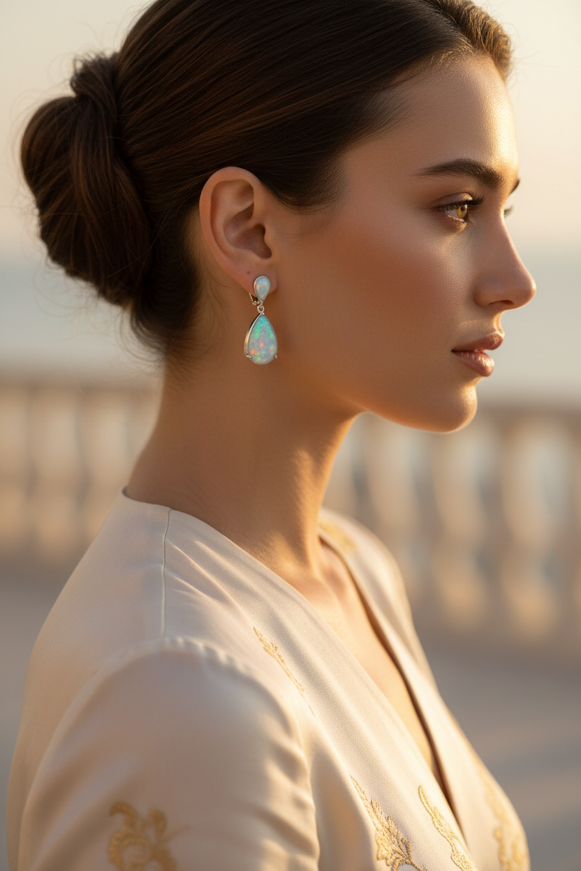 Lab-created opal teardrop dangle earrings in sterling silver – view 3