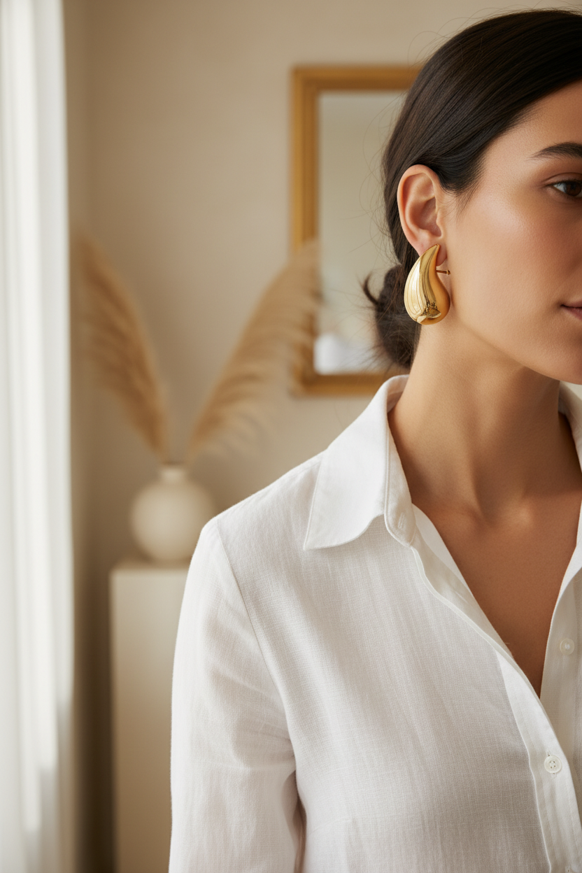 Chunky gold-tone dome earrings styled with a minimalist outfit