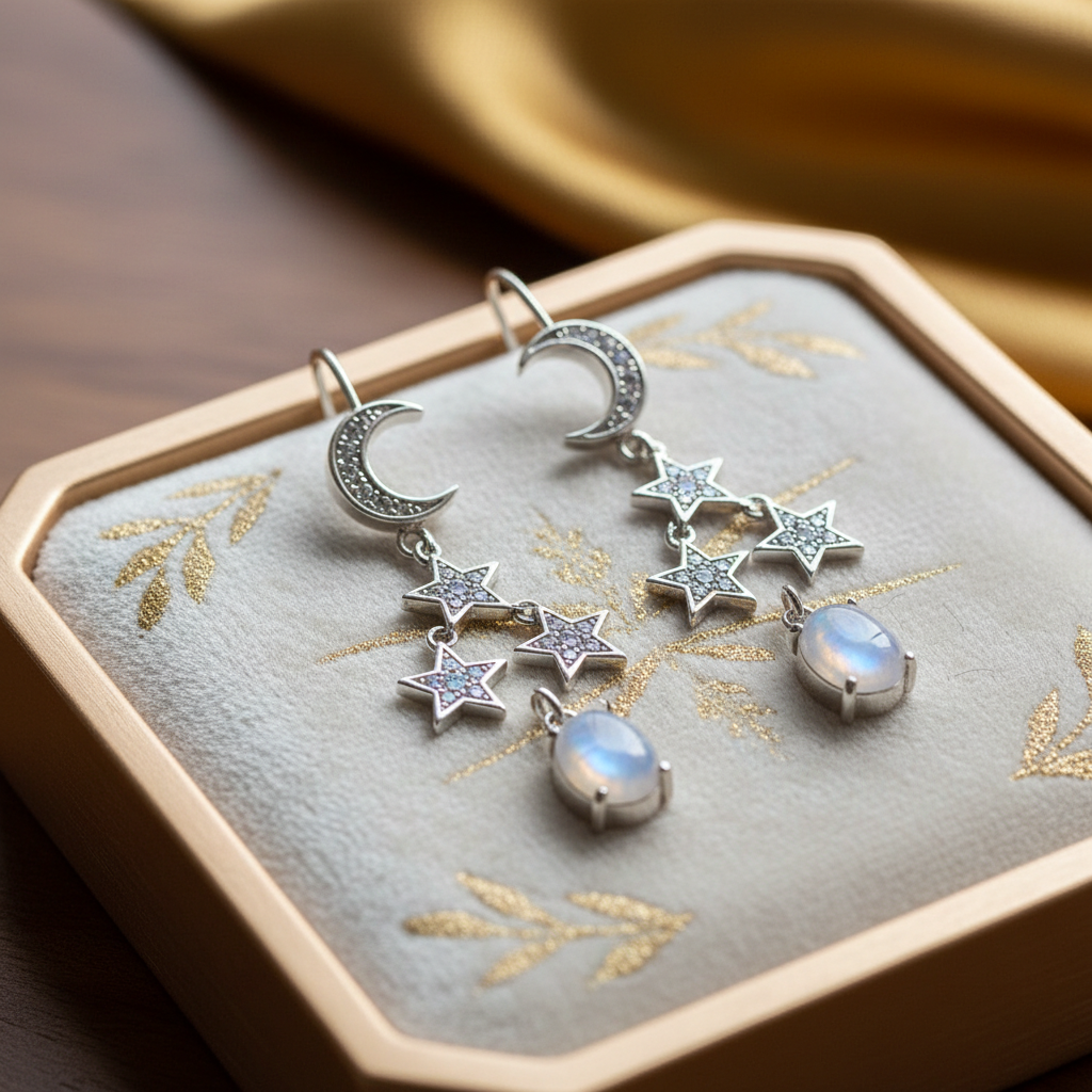 Moonstone star set in a pave crescent moon, sterling silver leverback drop earrings