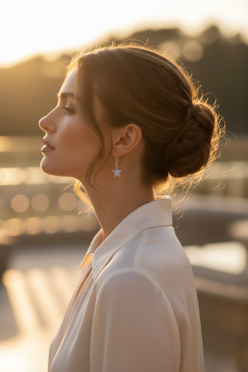 Moonstone crescent moon and star earrings, side profile