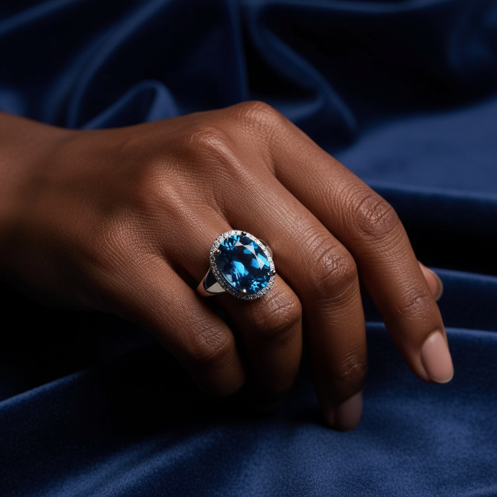 Natural London Blue Topaz Geometric Ring – Rose Gold & White Gold Plated Silver