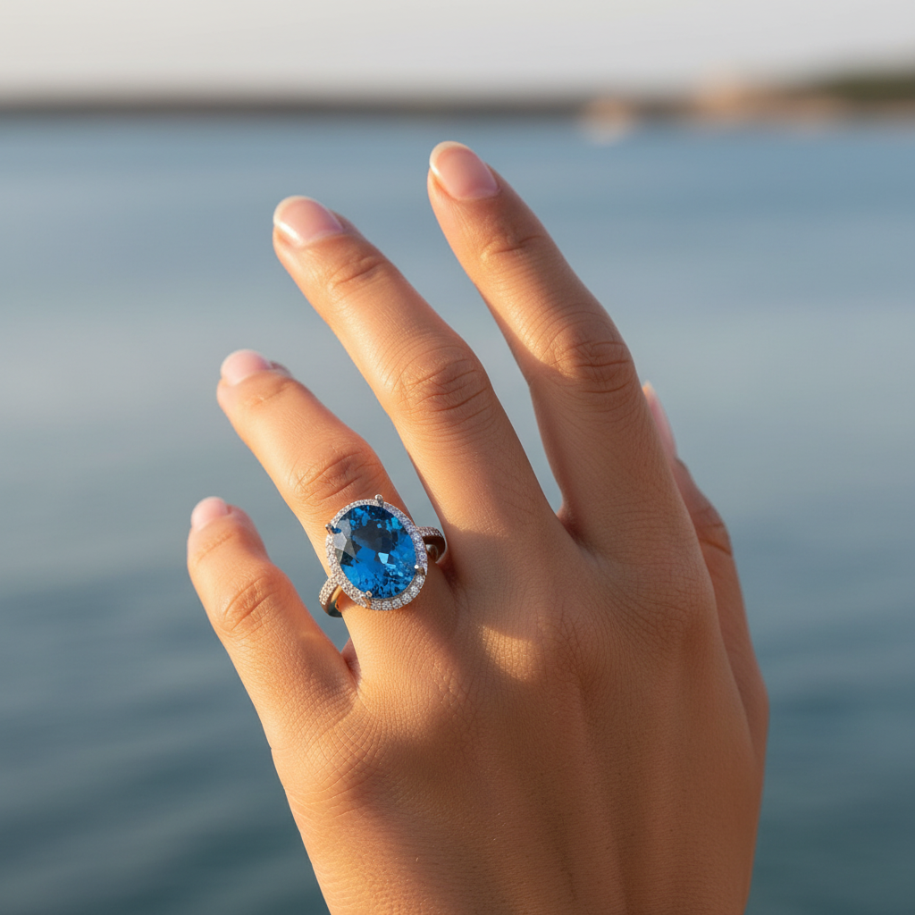Natural London Blue Topaz Geometric Ring – Rose Gold & White Gold Plated Silver