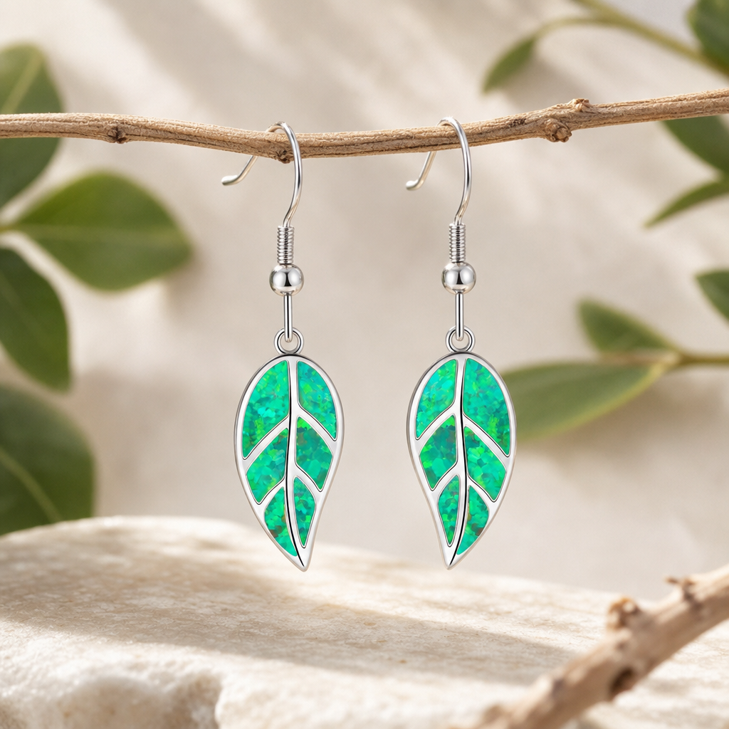 White gold-plated leaf dangle earrings with synthetic green opal