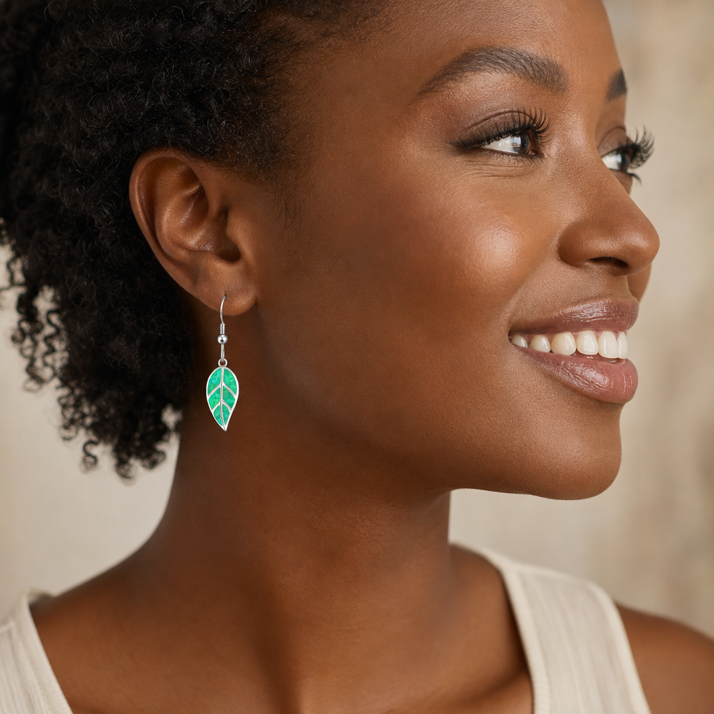 White gold-plated leaf dangle earrings with synthetic green opal – view 3