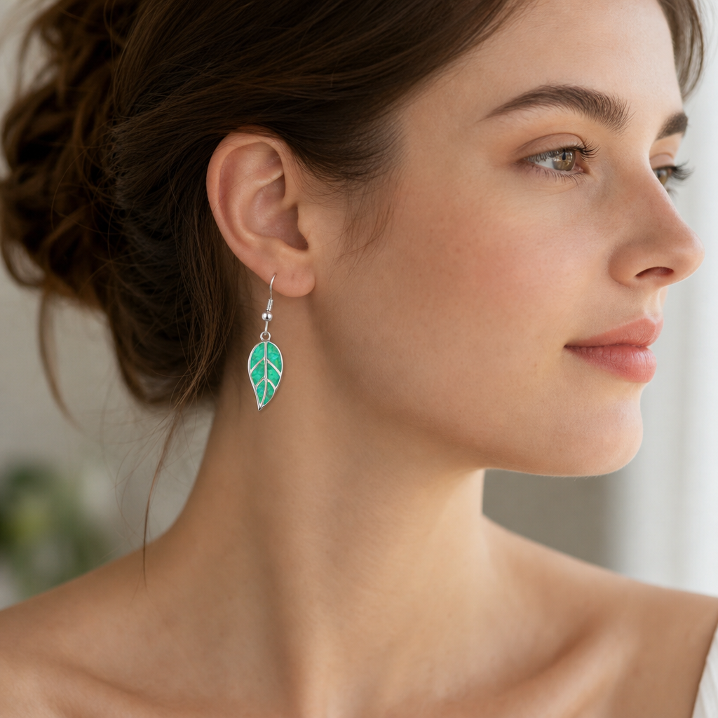 White gold-plated leaf dangle earrings with synthetic green opal – view 4