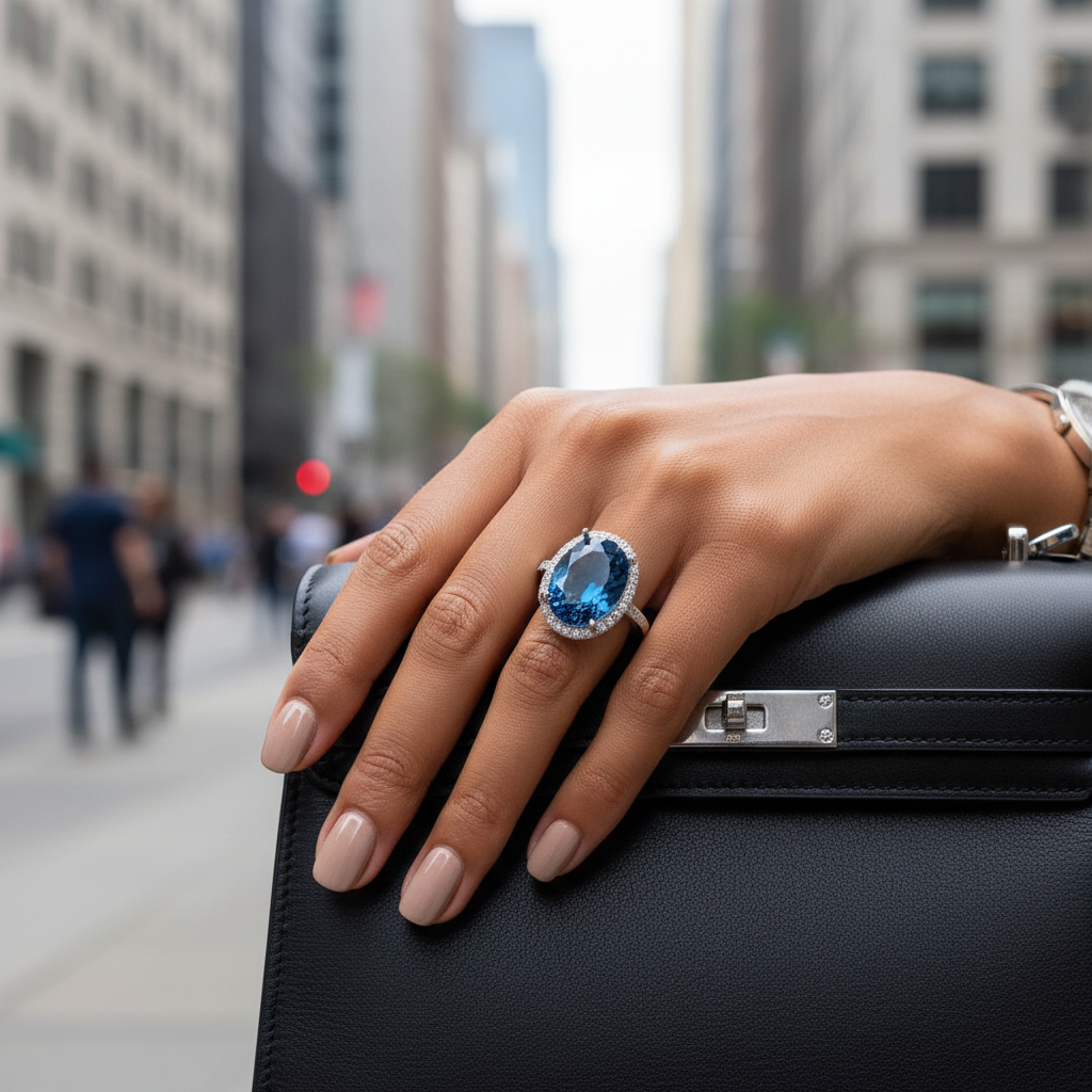 Natural London Blue Topaz Geometric Ring – Rose Gold & White Gold Plated Silver