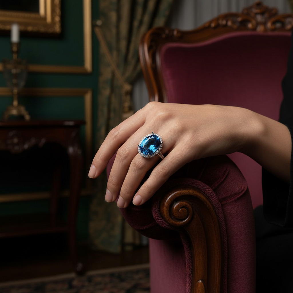 Natural London Blue Topaz Geometric Ring – Rose Gold & White Gold Plated Silver