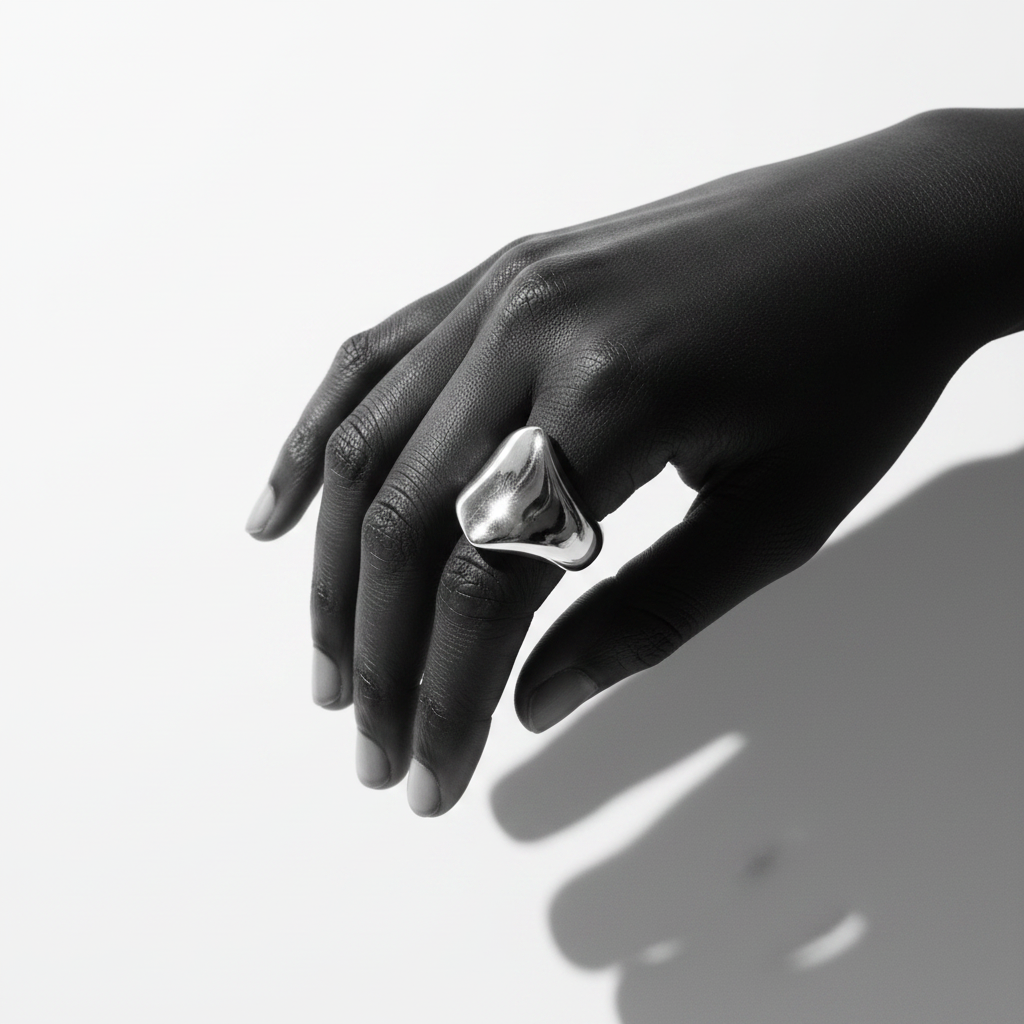 Chunky wide band stainless steel ring in silver – view 9
