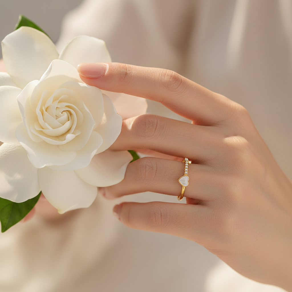 Adjustable heart charm ring with gold and silver electroplated finish